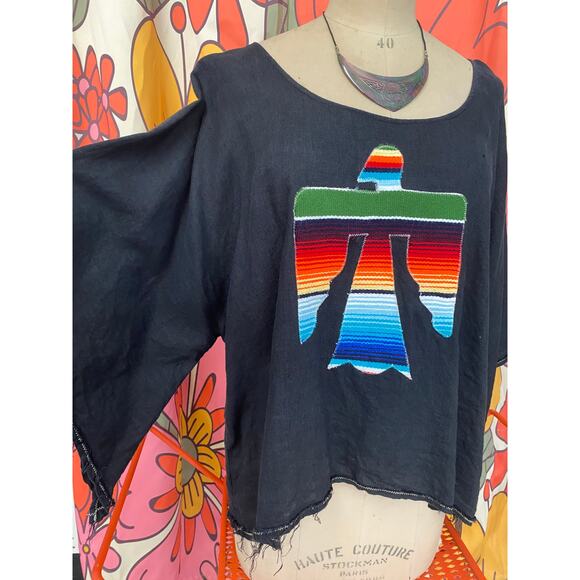 black linen southwestern blouse with serape eagle bell sleeve top raw hem med - Picture 3 of 8